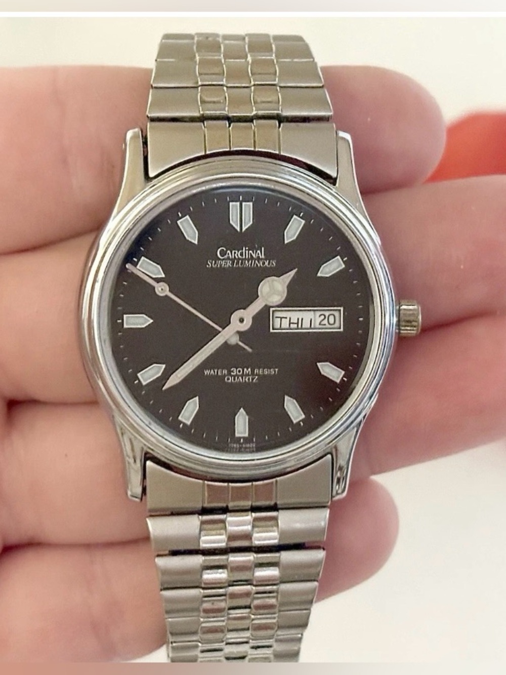 Rare Vintage Cardinal Super Luminous Day/Date Men’s Silver Expansion Watch